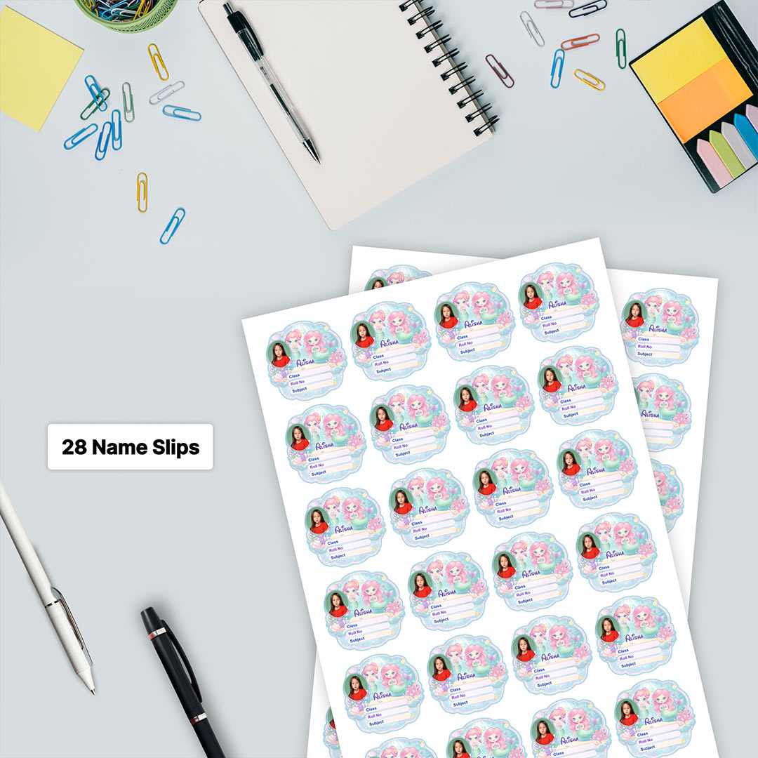Personalized Cute Mermaid Ocean Kids Name Slips (2x3 Inch, 28 Stickers) – Custom Name & Photo School Labels | Love Craft Gifts
