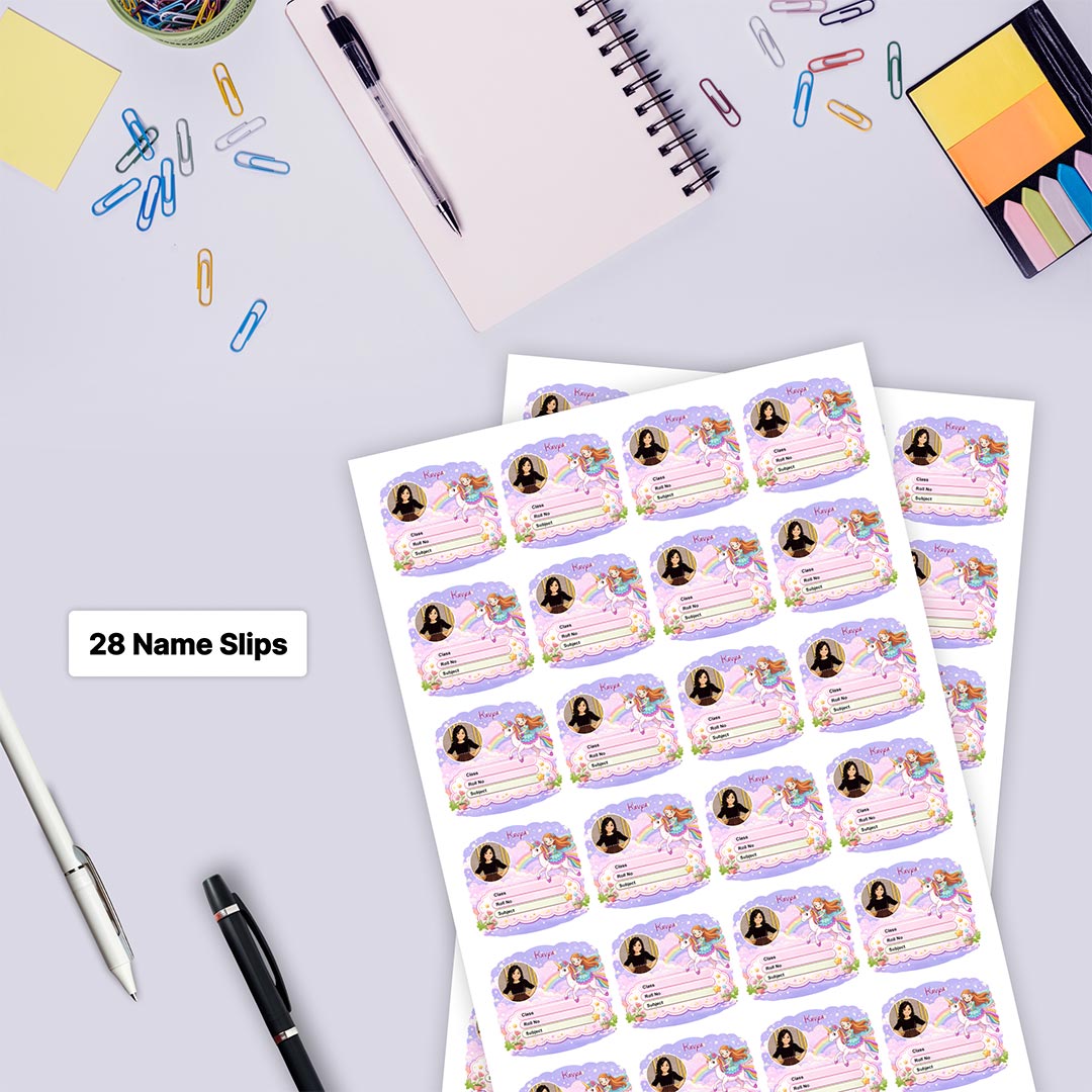 Personalized Unicorn Princess Theme Kids Name Slips (2x3 Inch, 28 Stickers) – Custom Name & Photo School Labels | Love Craft Gifts