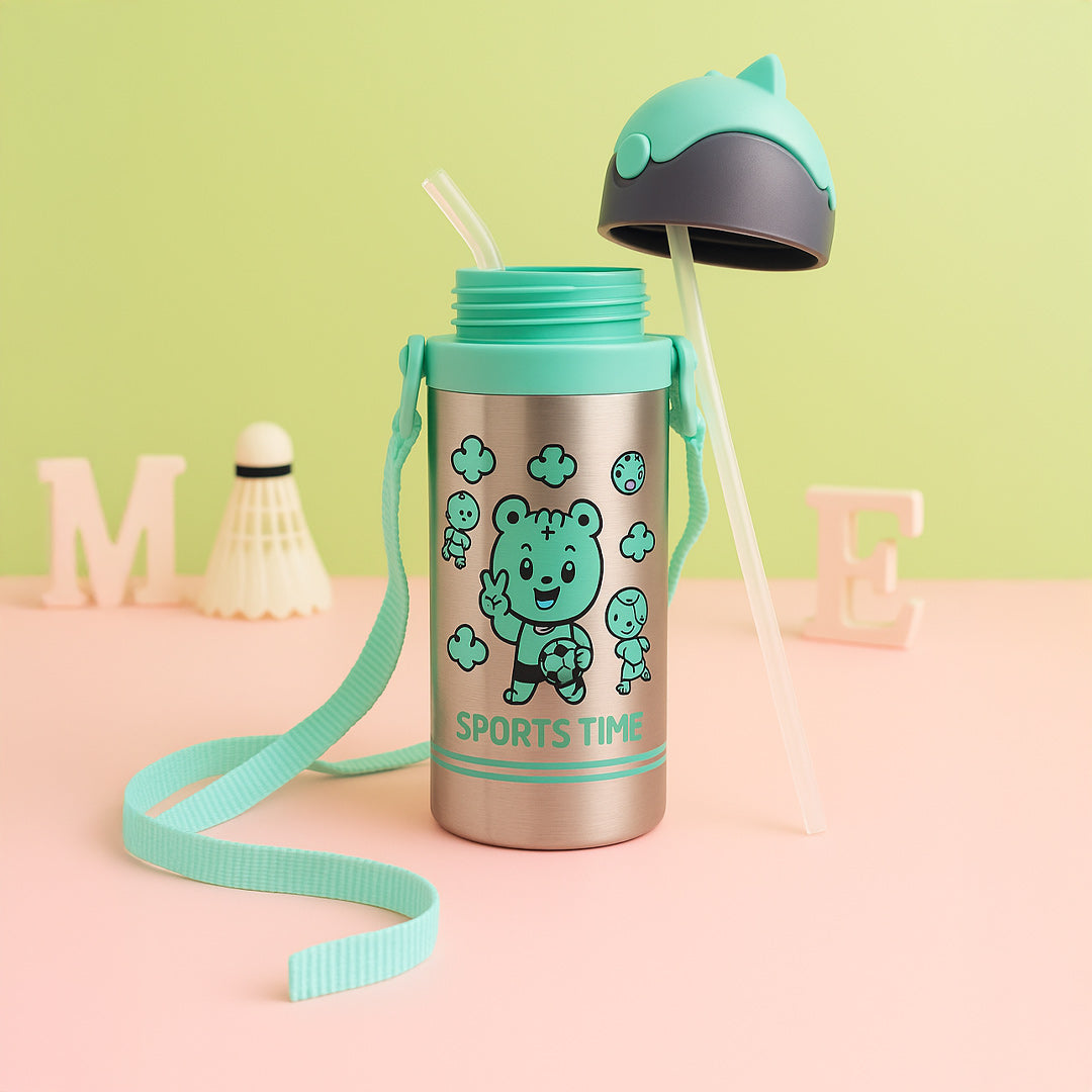 Sports Time Personalized Kids Water Bottle | Stainless Steel | Blue Leakproof Straw Sipper with Strap | Love Craft Gifts