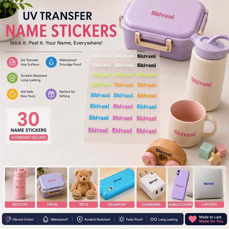 Personalized UV Ink Transfer Name Stickers Pack of 30 | Custom Color Name Labels for Bottles, Tiffins & School Accessories | Love Craft Gifts™