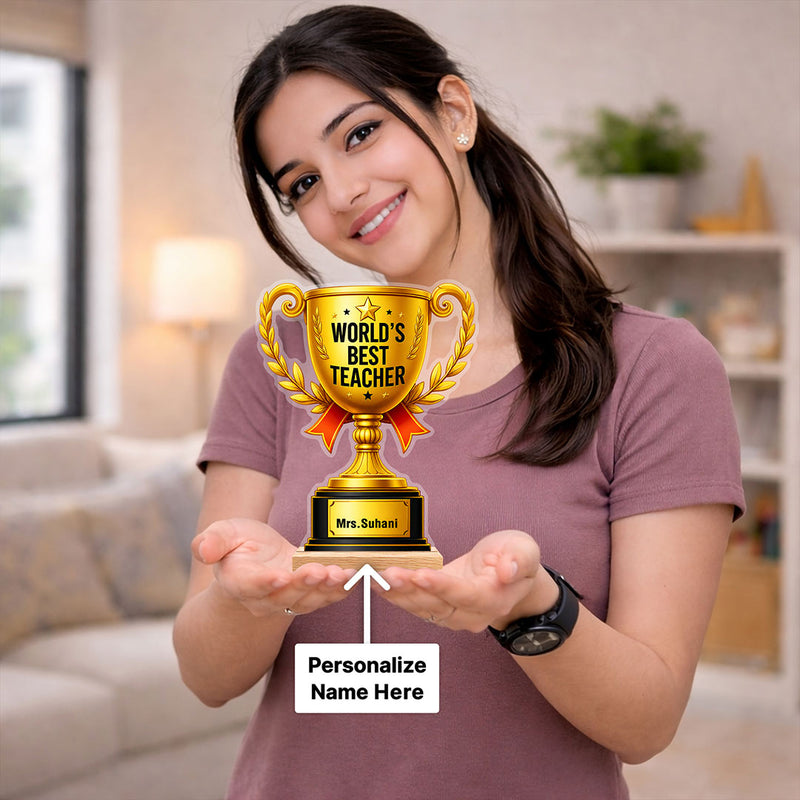 Personalized World’s Best Teacher Trophy Gift 7x5.5 Inch | Custom Name Teacher Appreciation Wooden Trophy | Love Craft Gifts™