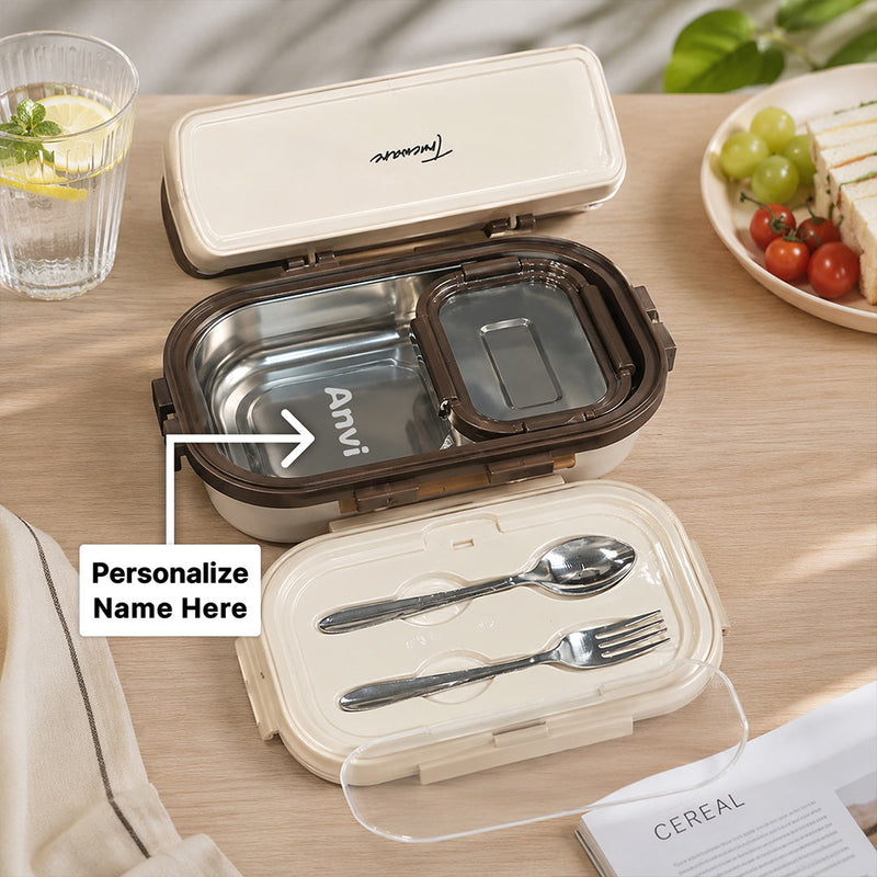 Personalized Stainless Steel Lunch Box | Custom Name Tiffin Box with Spoon & Fork | Love Craft Gifts™