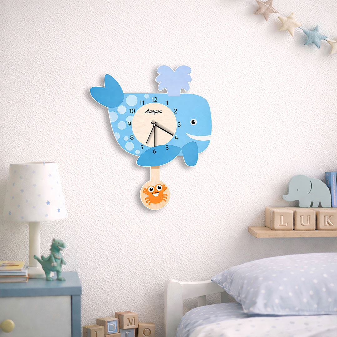 Personalized Whale Kids Wall Clock – Custom Name Cartoon Animal Wall Clock (12 × 14 Inch) | Love Craft Gifts