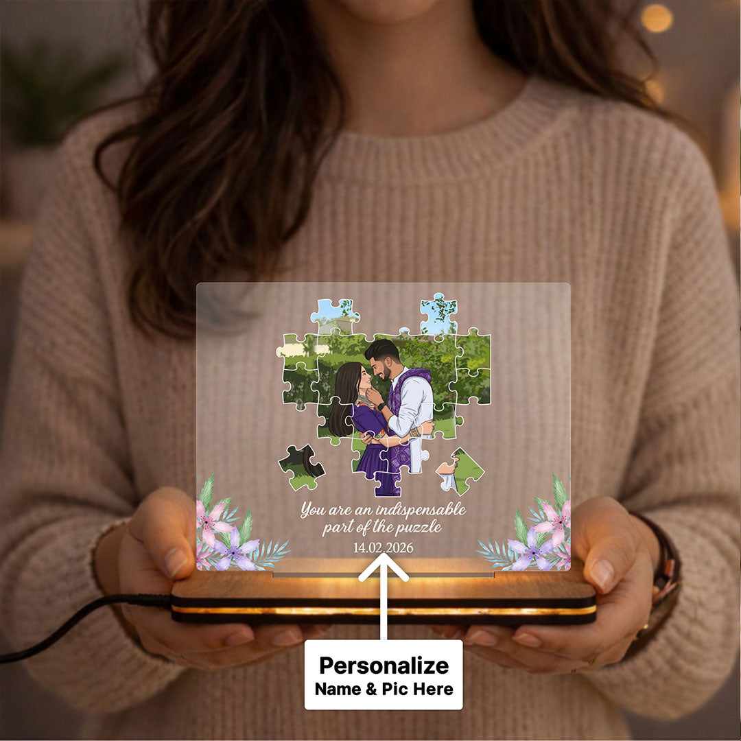 Personalized Puzzle Couple LED Acrylic Lamp with Custom Photo & Name | Romantic Anniversary Gift for Couples - 8x6" | Love Craft Gifts™