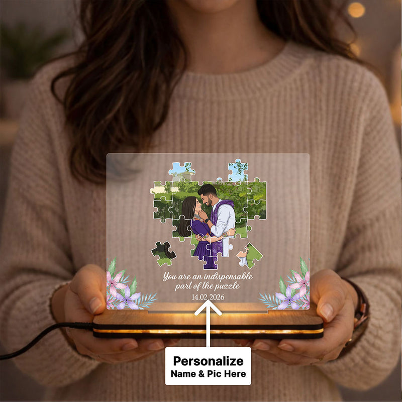 Personalized Puzzle Couple LED Acrylic Lamp with Custom Photo & Name | Romantic Anniversary Gift for Couples - 8x6" | Love Craft Gifts™