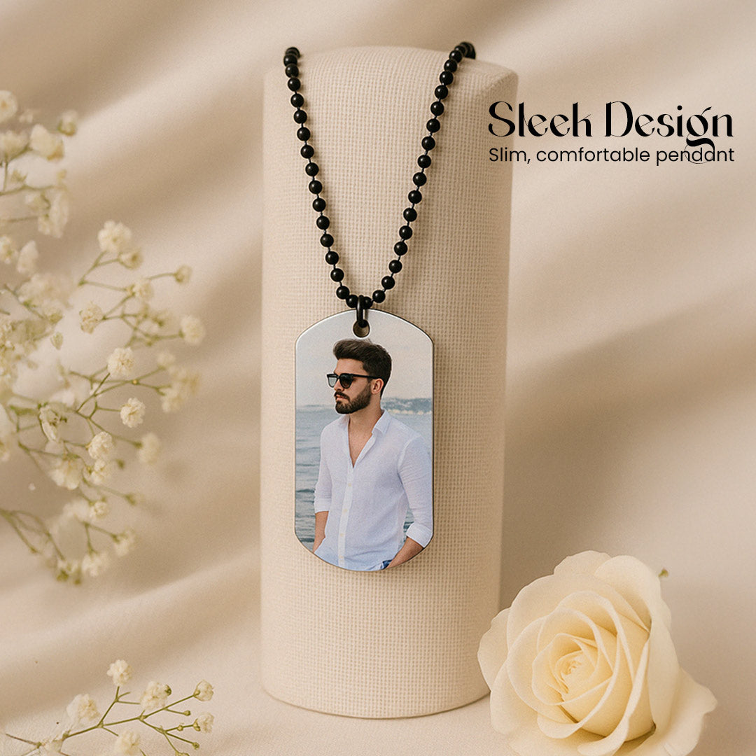 Personalized Black Bead Chain Photo Pendant – Custom Necklace for Men | Love Craft Gifts