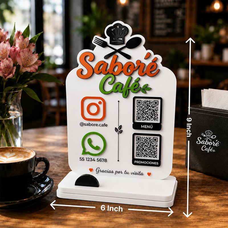 Personalized Café QR Code Table Stand with Custom Logo & Social Media Display | Premium Business Branding Gift for Coffee Shops & Restaurants - 9x6" | Love Craft Gifts™