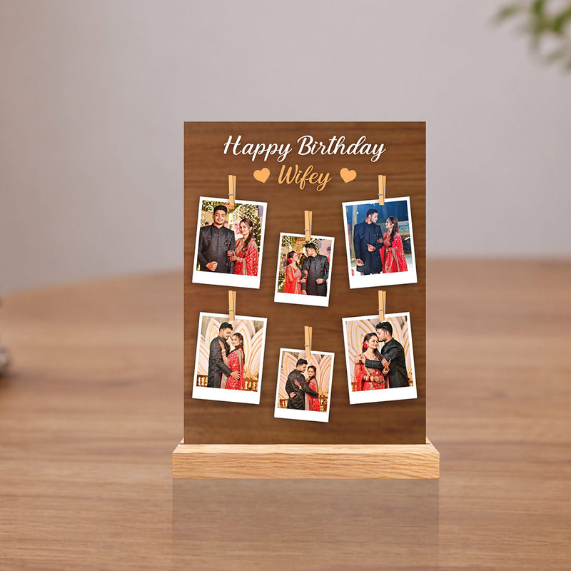 Personalized Birthday Photo Frame for Wife | Custom Polaroid Memory Table Top Gift with Photos & Wooden Stand 6x8" | Love Craft Gifts™