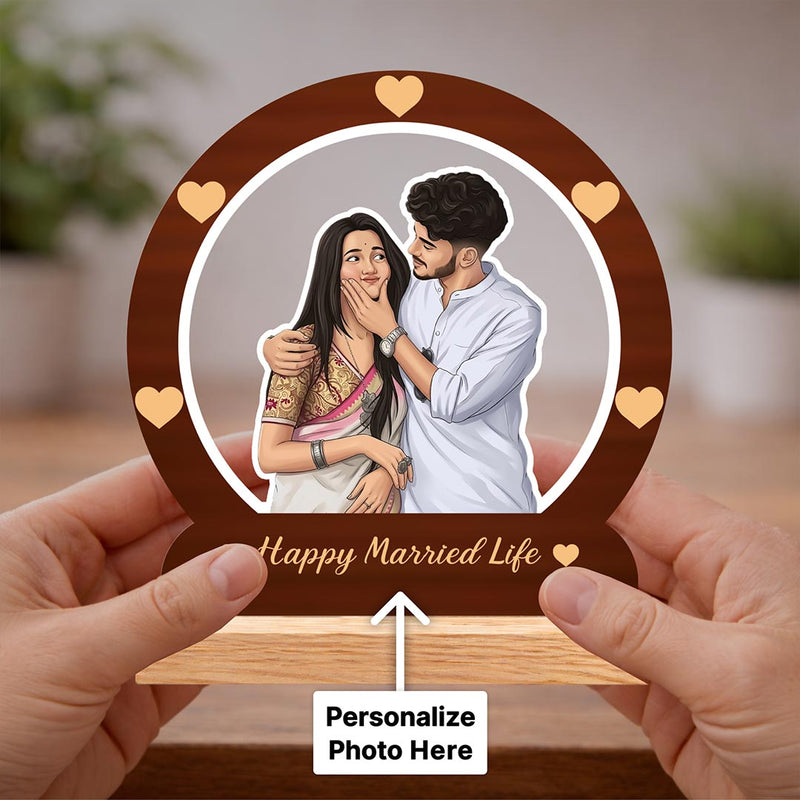 Personalized Cartoon Couple Wooden Table Top Frame | Custom Happy Married Life Photo Stand Gift for Couples 8x8" | Love Craft Gifts™