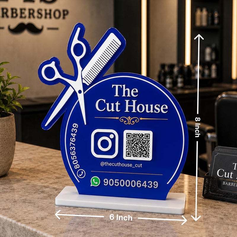 Personalized Barber Shop QR Code Table Stand with Custom Logo & Social Media Details | Business Branding Gift for Salon Owners & Hair Stylists - 8x6" | Love Craft Gifts™