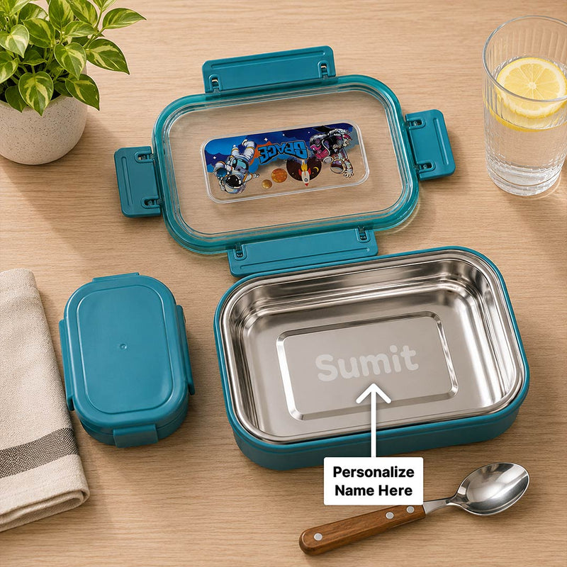Personalized Space Design Stainless Steel Kids Lunch Box with Custom Name | Leak-Resistant School Tiffin Gift for Boys & Girls - 500ml | Love Craft Gifts™