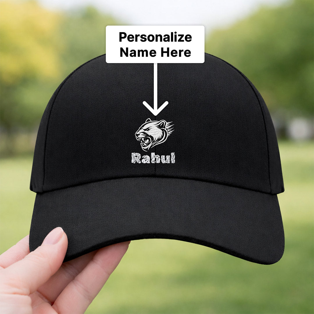 Personalized Roaring Tiger Printed Black Cap – Custom Name Adjustable Baseball Hat for Men & Boys | Love Craft Gifts