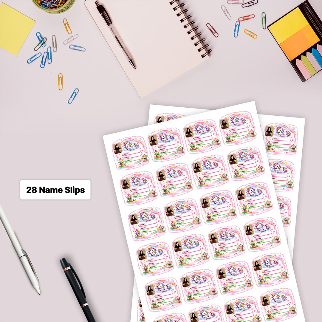 Personalized Rainbow Unicorn Garden Kids Name Slips (2x3 Inch, 28 Stickers) – Custom Name & Photo School Labels | Love Craft Gifts