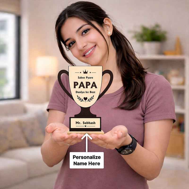 Personalized Best Papa Trophy Table Stand Gift 8x7 Inch for Father | Custom Name Wooden Trophy Gift | Love Craft Gifts™