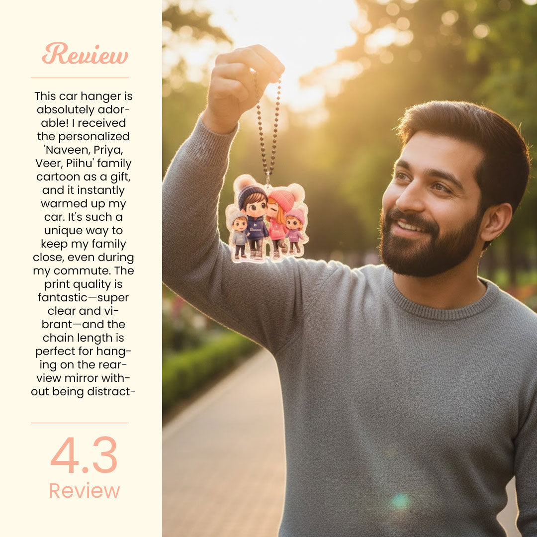 Customized Family Car Hanging | 4-Member Cartoon Acrylic Name Hanger | Personalized Car Dashboard Accessory