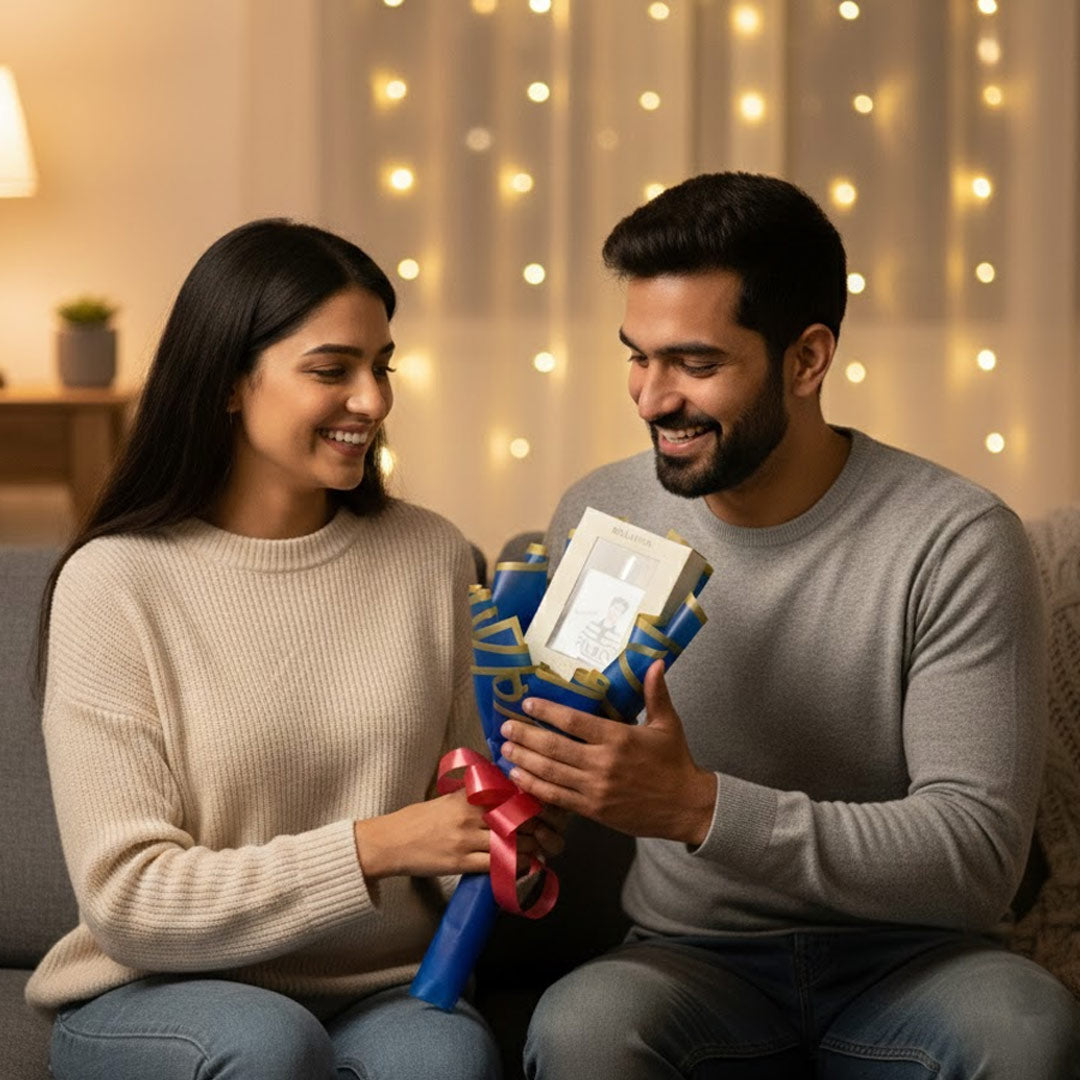 Customized Bellavita White Oud Perfume Bouquet | Personalized with Name & Cartoon Illustration