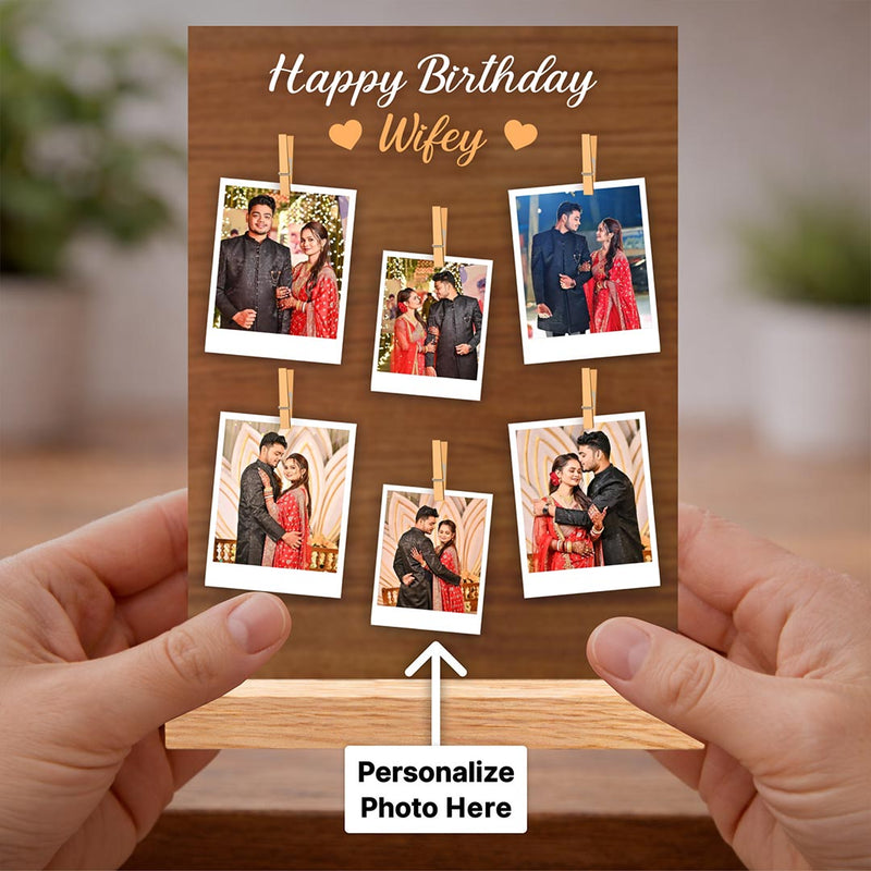 Personalized Birthday Photo Frame for Wife | Custom Polaroid Memory Table Top Gift with Photos & Wooden Stand 6x8" | Love Craft Gifts™