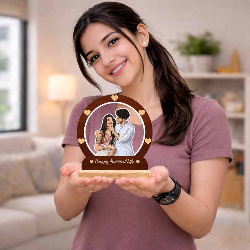 Personalized Cartoon Couple Wooden Table Top Frame | Custom Happy Married Life Photo Stand Gift for Couples 8x8" | Love Craft Gifts™