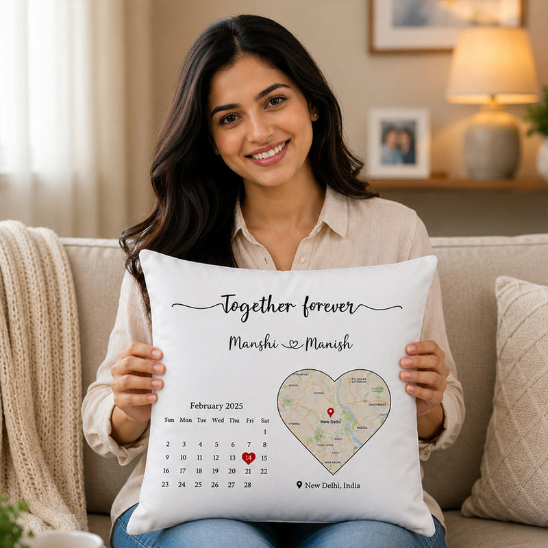 Personalized Together Forever Calendar Map Cushion Cover with Custom Names & Date | Romantic Anniversary Gift for Couples, Husband, Wife & Newlyweds - 12x12" | Love Craft Gifts™