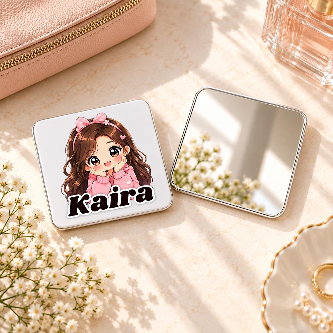 Cute Cartoon Girl Compact Mirror | Personalized Name Mirror