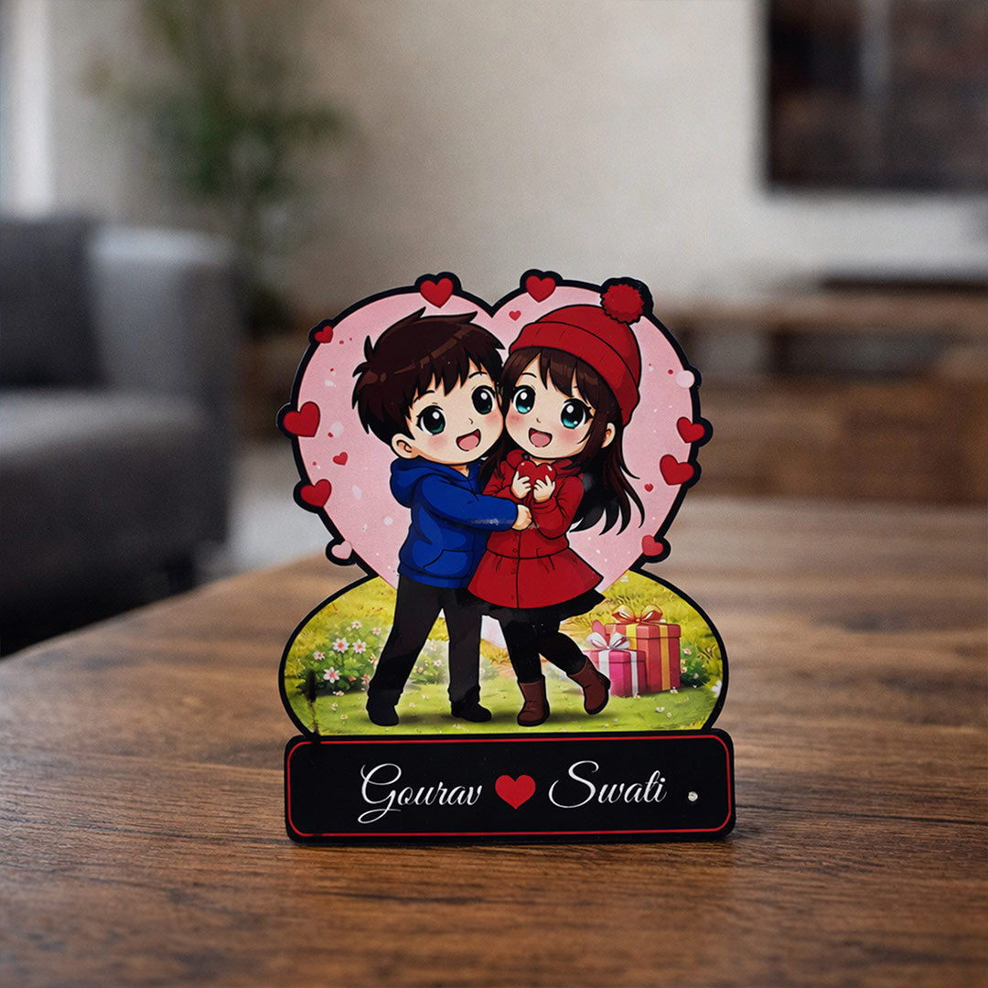 Personalized Cartoon Couple Wooden Table Frame – Custom Name Romantic Wooden Stand (5 × 8 Inch) | Love Craft Gifts