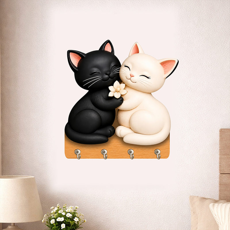 Cute Cat Couple Wooden Key Holder Wall Decor | Adorable Home Organizer Gift for Cat Lovers & Couples - 7x7" | Love Craft Gifts™