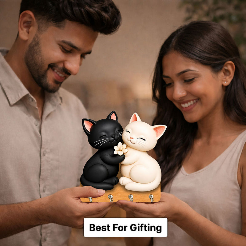 Cute Cat Couple Wooden Key Holder Wall Decor | Adorable Home Organizer Gift for Cat Lovers & Couples - 7x7" | Love Craft Gifts™