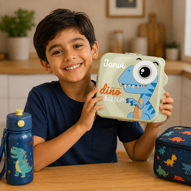 Personalized Dino Kids Lunch Box with Name | Cartoon Stainless Steel Lunch Box for School Kids 1120ML + 70ML | Love Craft Gifts™