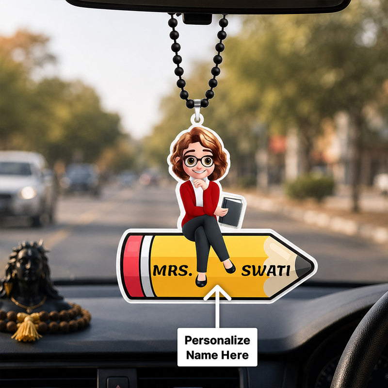 Personalized Teacher Cartoon Car Hanger with Custom Name | Cute Hanging Car Accessory Gift for Teachers, Women & Educators - 3x2.5" | Love Craft Gifts™