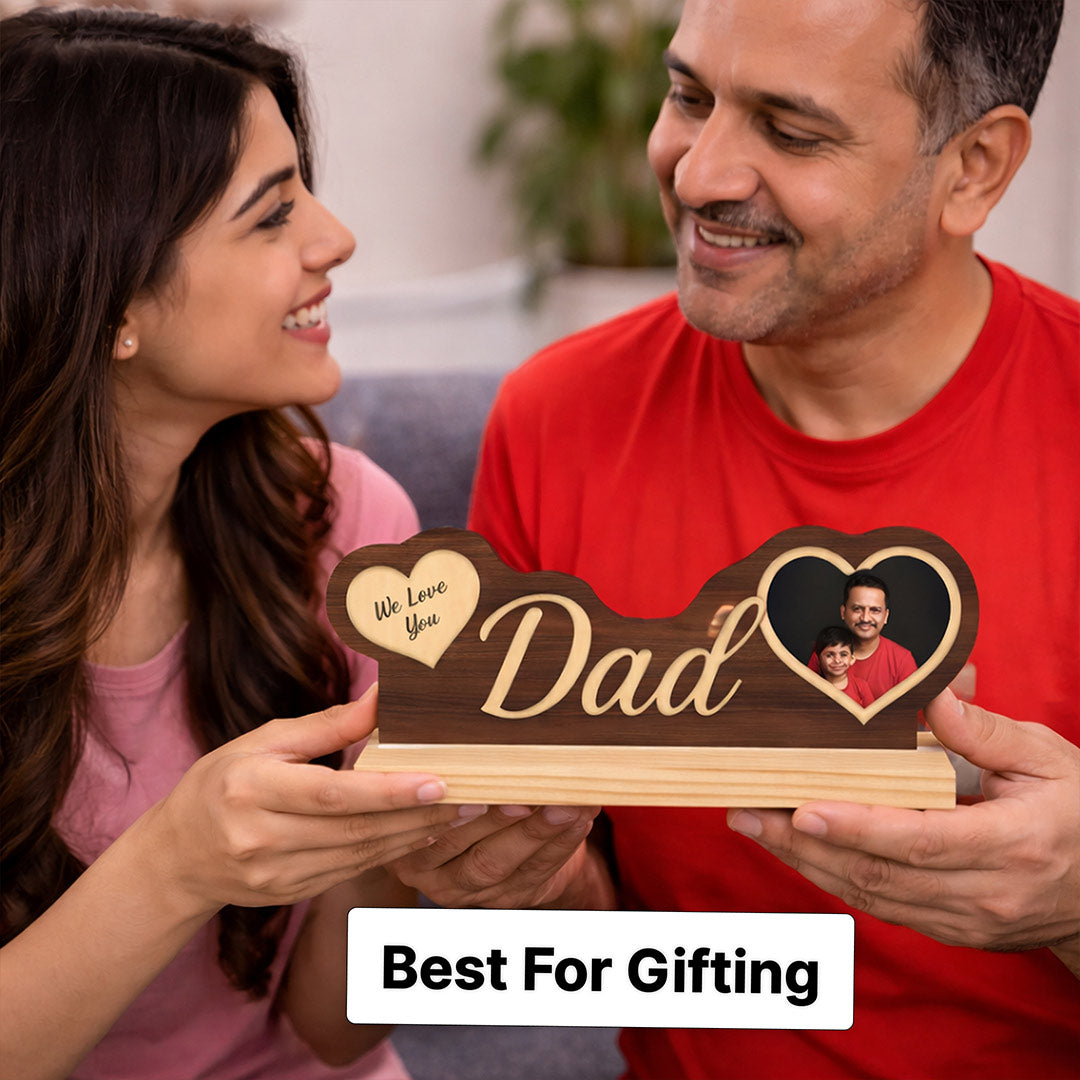 Personalized Dad Wooden Photo Stand – Custom “We Love You Dad” Heart Photo Tabletop Decor (8 x 3 Inch) | Love Craft Gifts