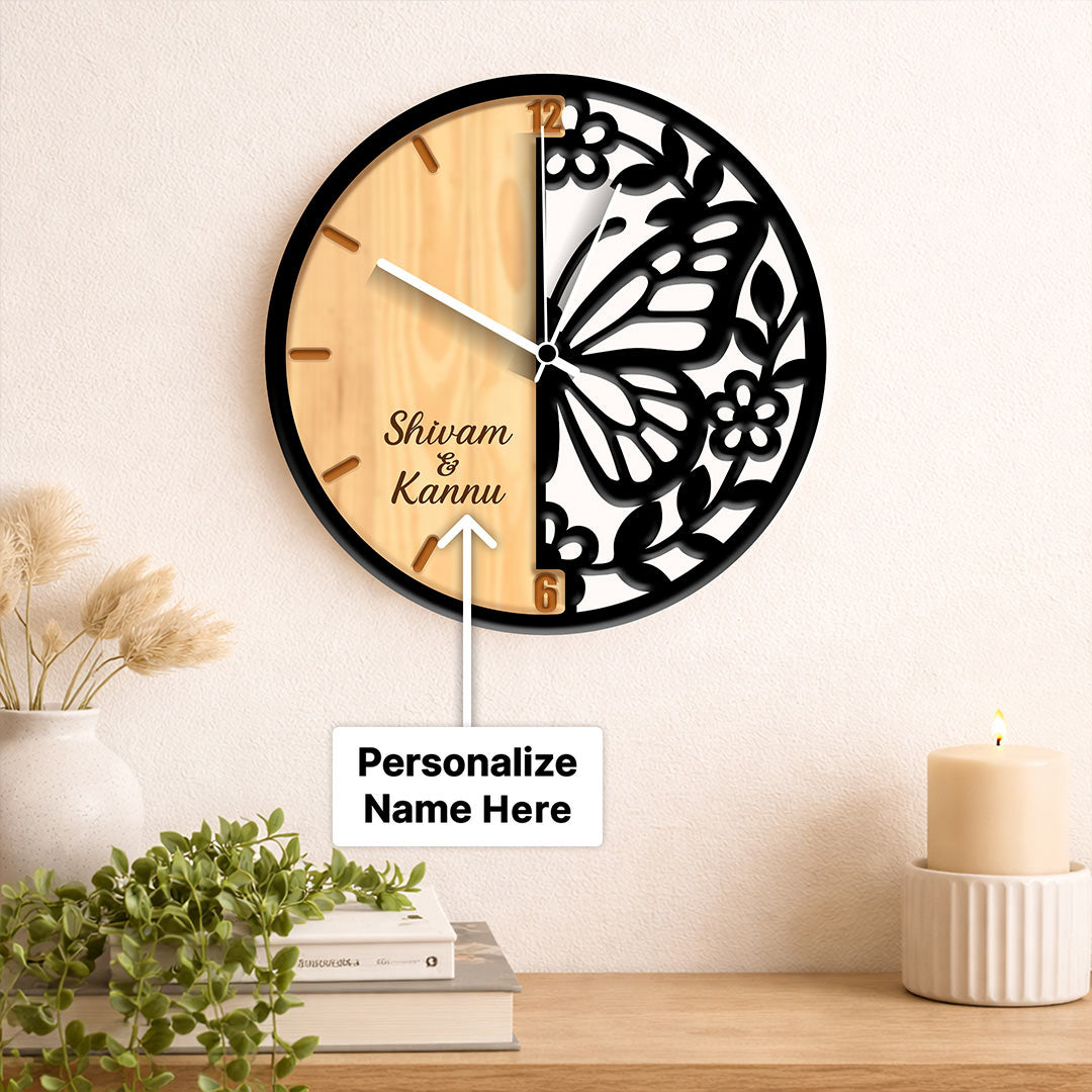 Personalized Butterfly Designer Wall Clock – Custom Name Wooden Couple Wall Clock (11 Inch) | Love Craft Gifts