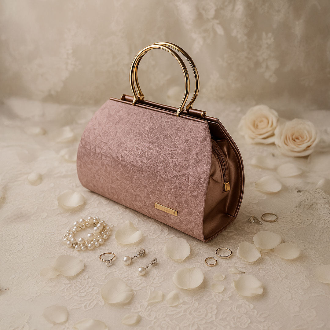 Luxury Rose Gold Women’s Handbag – Elegant Party & Casual Tote Bag with Golden Ring Handles