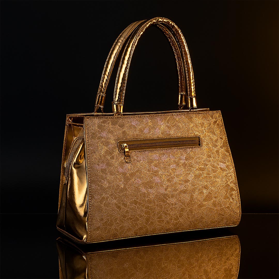 Luxury Women’s Handbag – Gold Embellished Floral Brooch Design | Premium Party & Wedding Bag