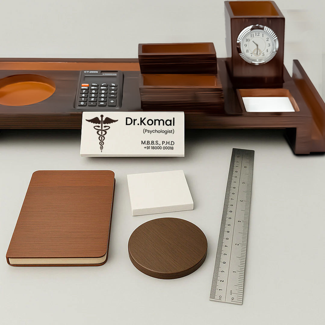 Personalized Wooden Desk Organizer Set with Clock, Calculator, Pen Stand & Accessories | Love Craft Gifts