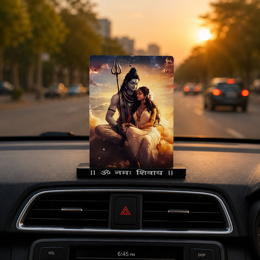 Shiv Parvati Car Dashboard Stand – Om Namah Shivaya Acrylic Dashboard Decor for Car, Home & Office | Divine Shiva Parvati Artwork | LoveCraftGifts™