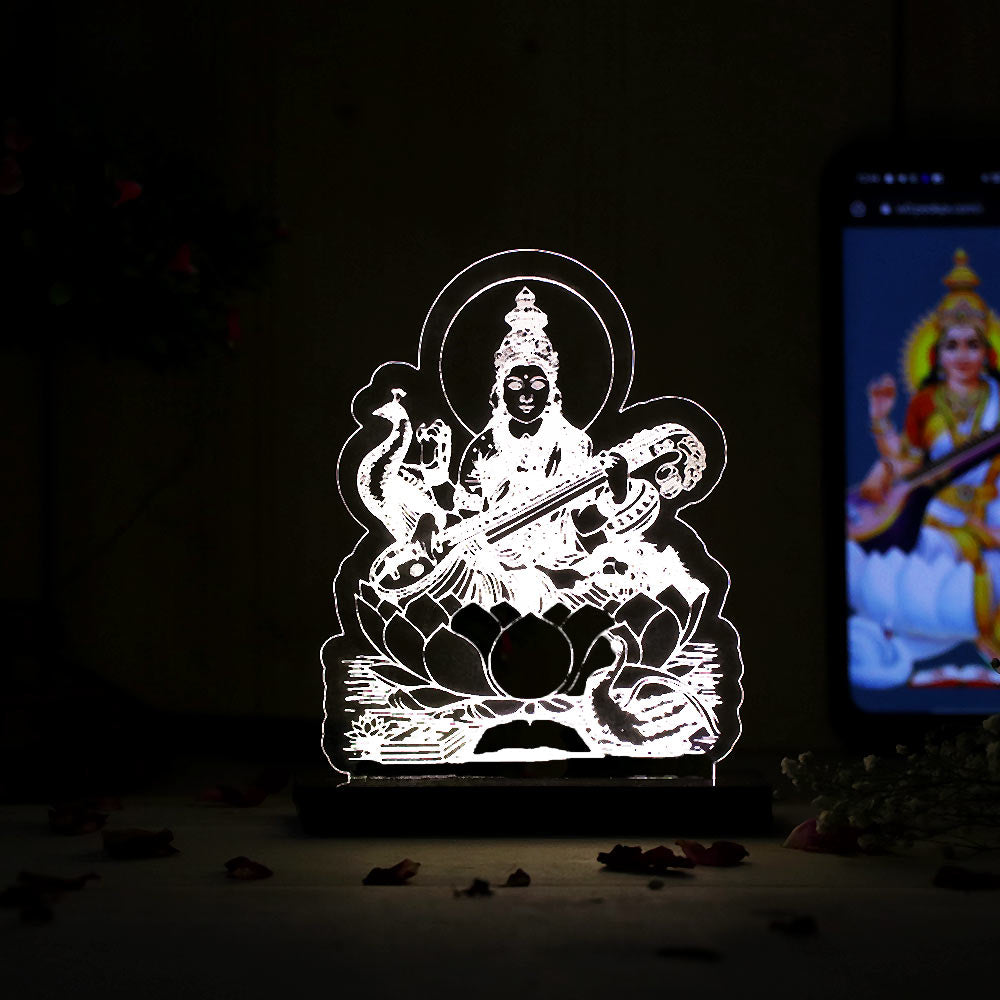 Maa Saraswati LED Acrylic Lamp with Swan – Goddess of Wisdom Decorative Night Light for Study Table, Home Temple & Spiritual Gifting | LoveCraftGifts™