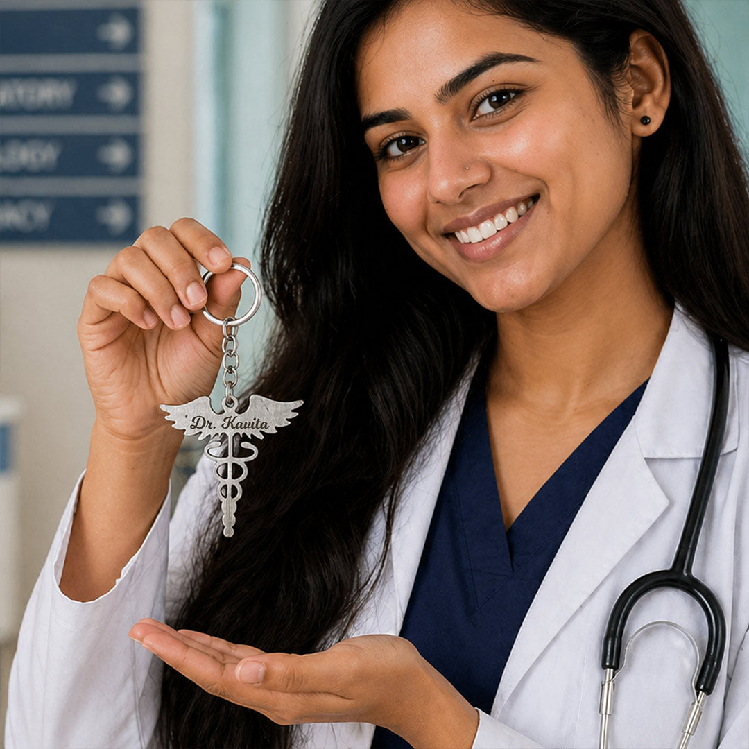 Personalized Doctor Caduceus Metal Keychain with Custom Name – Premium Medical Symbol Keyring Gift for Doctors & MBBS Students (Standard Gift Size) | Love Craft Gifts™