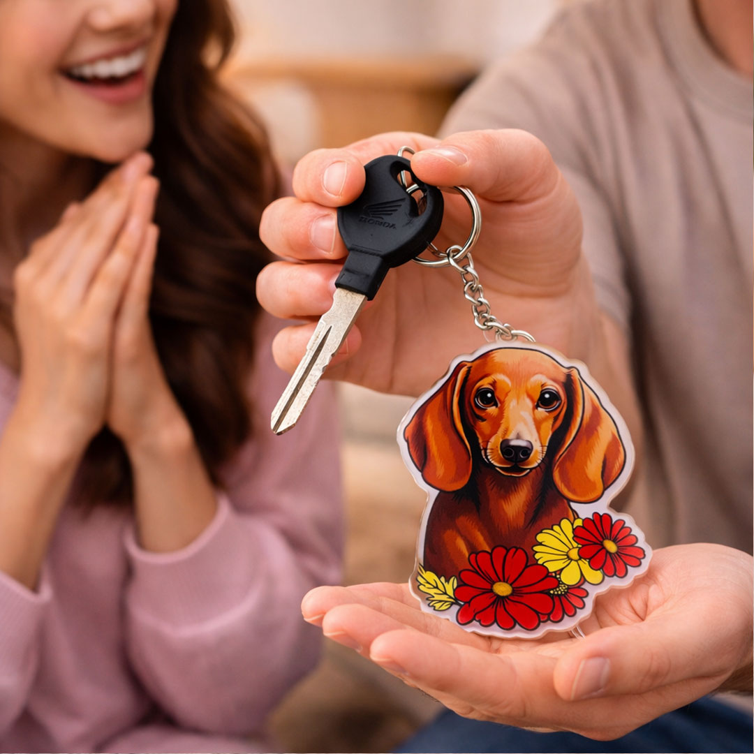 Floral Pup Charm – Dog Acrylic Keychain | Love Craft Gifts