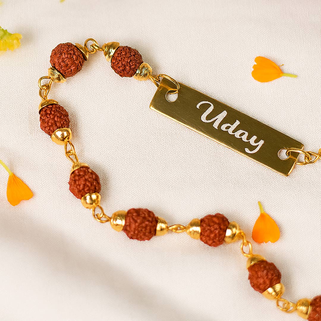 Personalized Rudraksha Rakhi with Engraved Nameplate | Love Craft Gifts