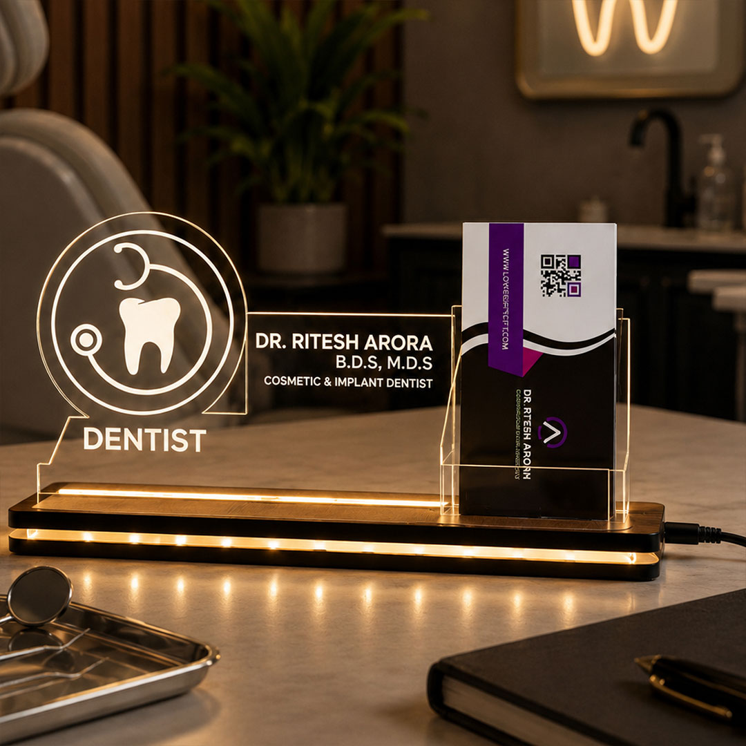 Personalized Dentist LED Visiting Card Holder with Custom Name | Professional Dental Desk Décor Gift for Dentists - 8x6" | Love Craft Gifts™