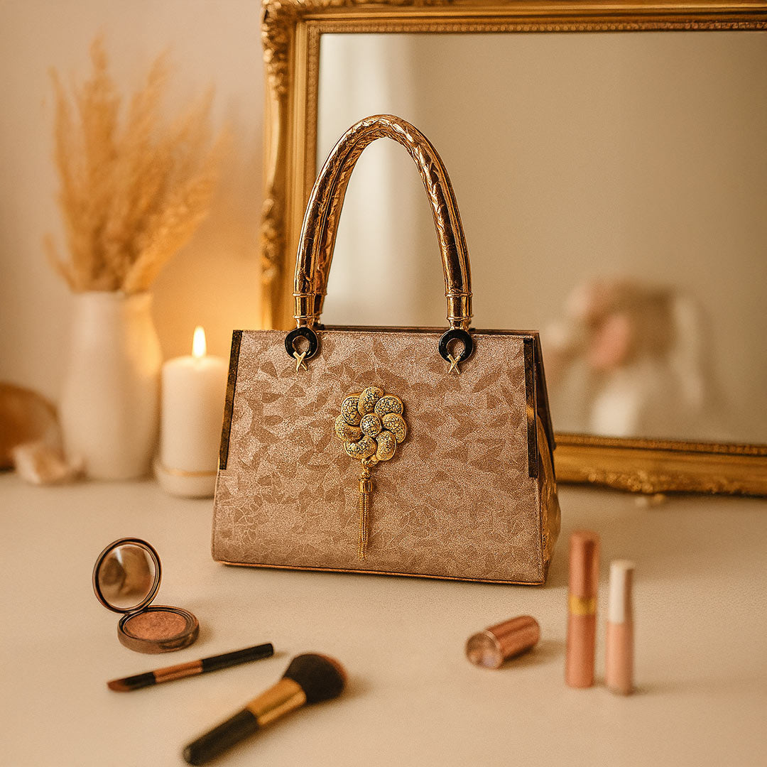 Luxury Women’s Handbag – Gold Embellished Floral Brooch Design | Premium Party & Wedding Bag