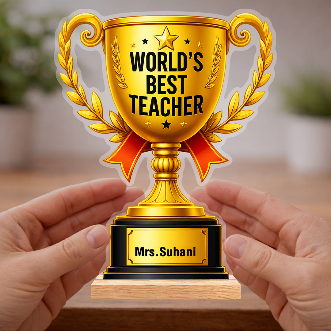 Personalized World’s Best Teacher Trophy Gift 7x5.5 Inch | Custom Name Teacher Appreciation Wooden Trophy | Love Craft Gifts™