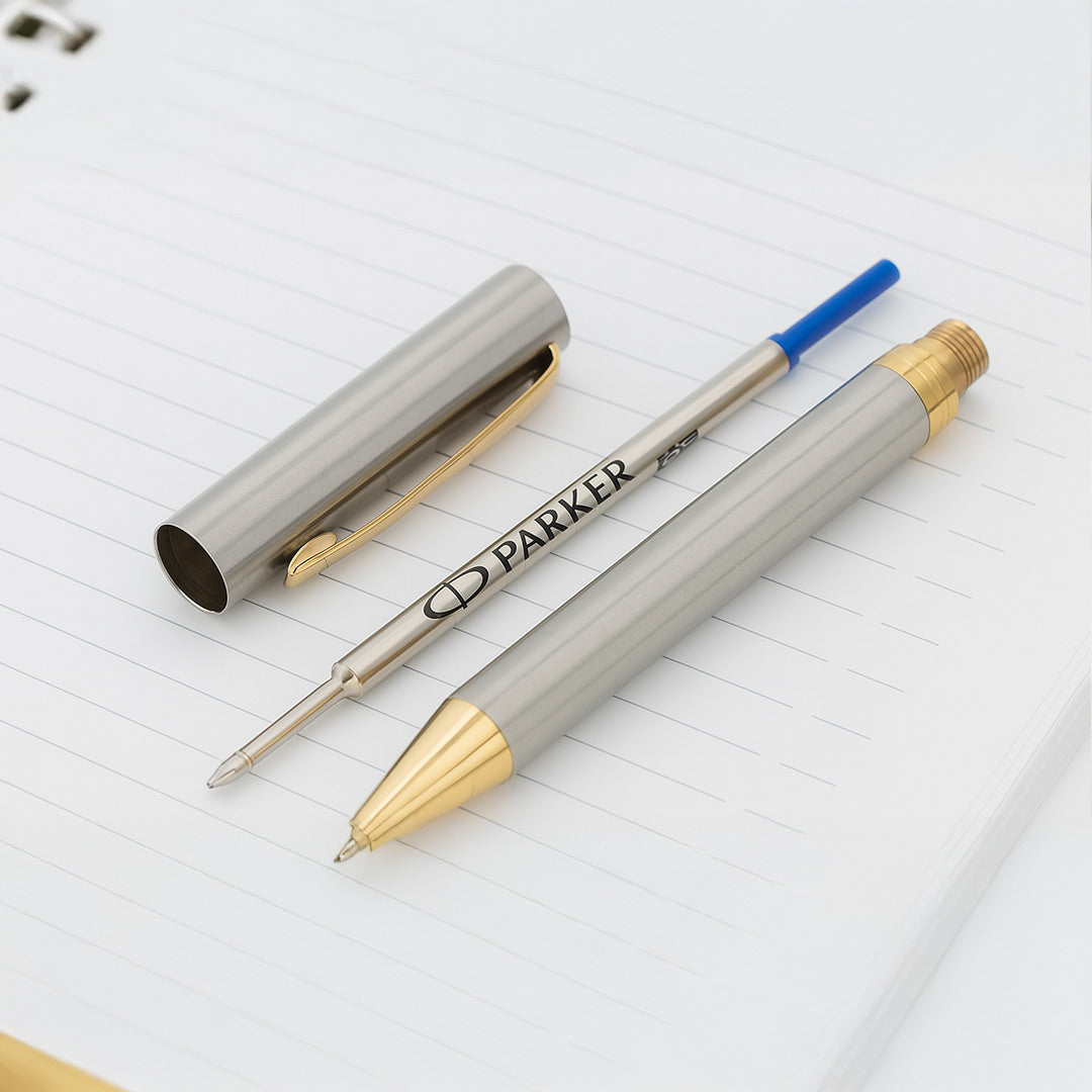 Parker Folio Stainless Steel Gold Trim Ball Pen - Personalized | Love Craft Gifts