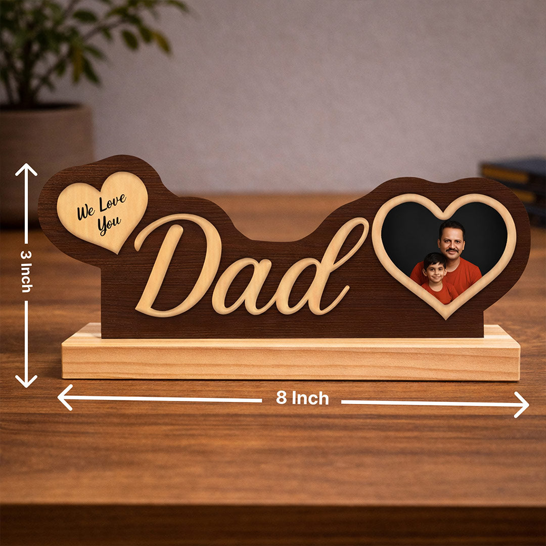 Personalized Dad Wooden Photo Stand – Custom “We Love You Dad” Heart Photo Tabletop Decor (8 x 3 Inch) | Love Craft Gifts
