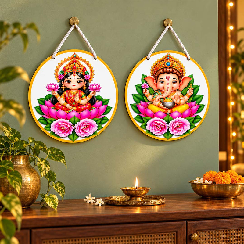 Festive Lord Ganesha & Goddess Lakshmi Hanging Pair 6x6" for Main Door | Love Craft Gifts™