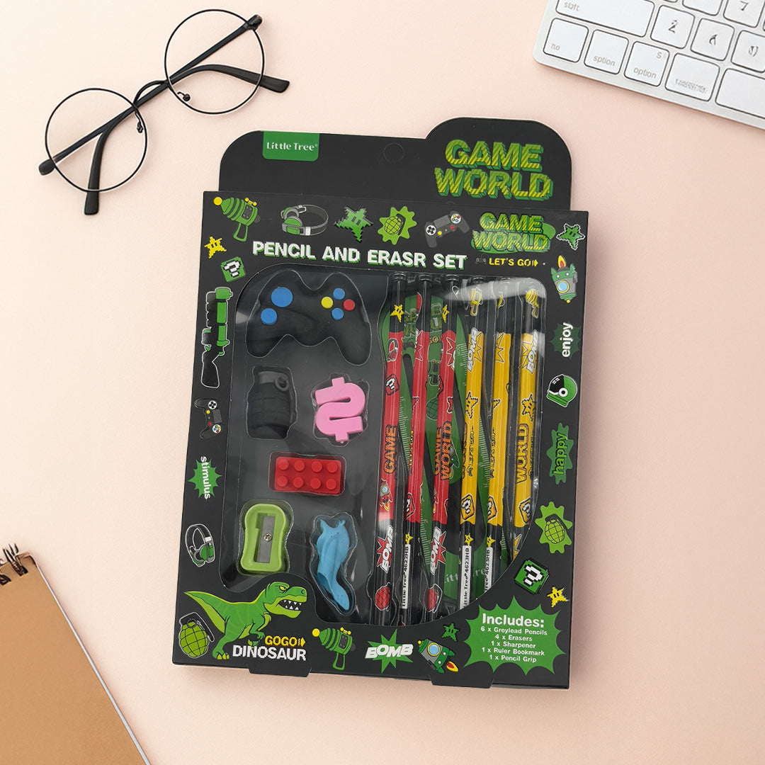 Personalized Game World Pencil Set with Cool Erasers | Custom Name | Love Craft Gifts