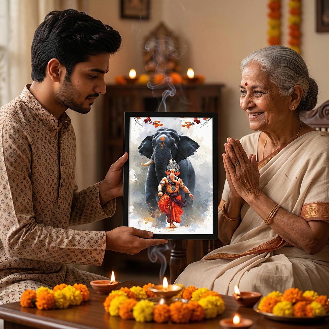 Lord Ganesha Spiritual Wall Frame with Sacred Elephant Artwork – Devotional Home Temple Wall Art | Love Craft Gifts