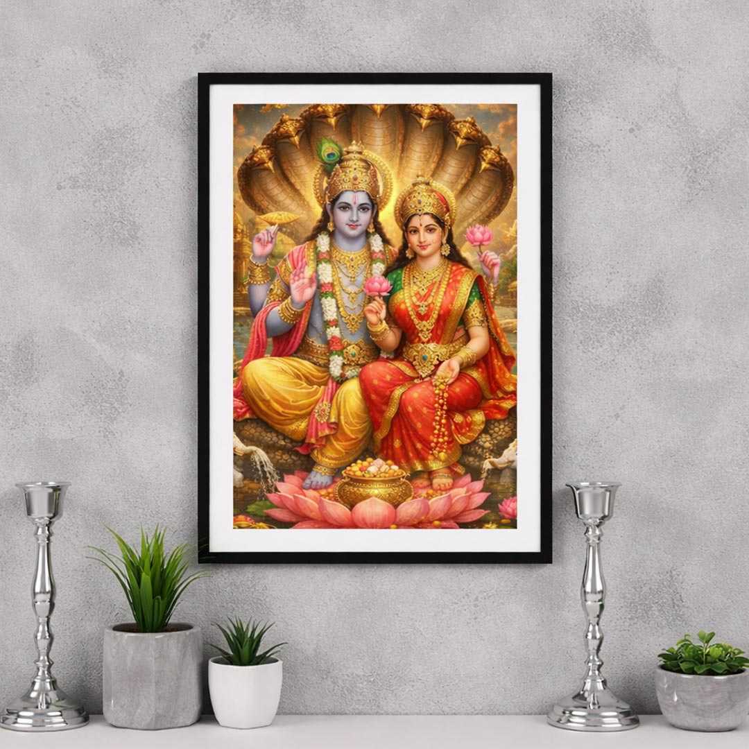 Lakshmi Narayan Wall Frame – Lord Vishnu and Goddess Lakshmi Spiritual Wall Art (Multiple Sizes) | Love Craft Gifts