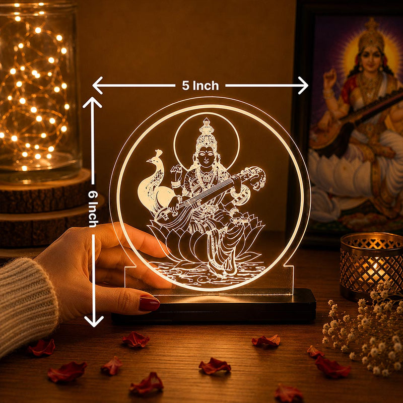 Maa Saraswati LED Acrylic Lamp – Goddess of Knowledge Decorative Night Light for Study Table, Home Temple & Spiritual Gifting | LoveCraftGifts™