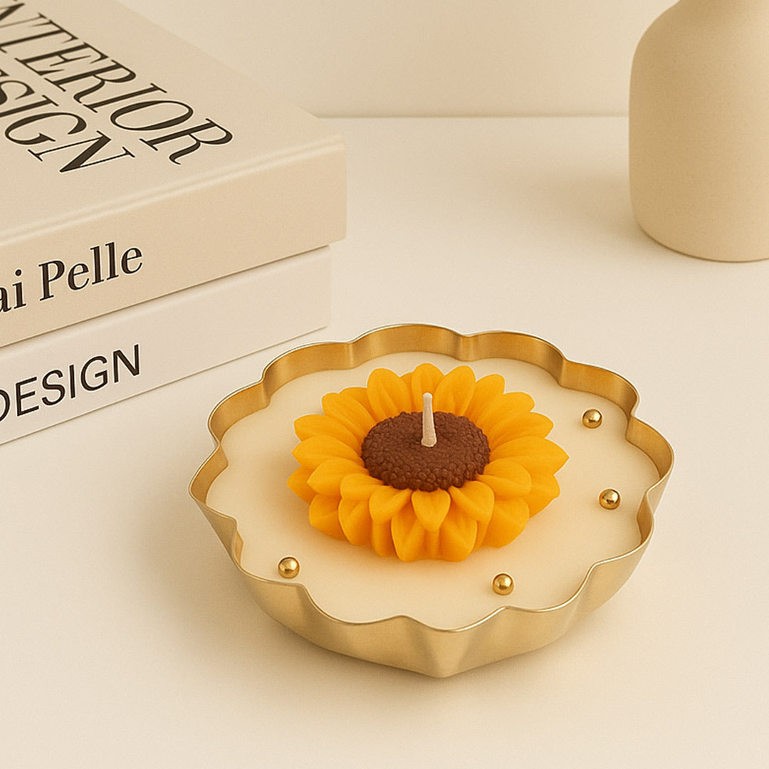 Sunflower Shaped Decorative Scented Candle – Gold Tray Floral Wax Gift | Love Craft Gifts